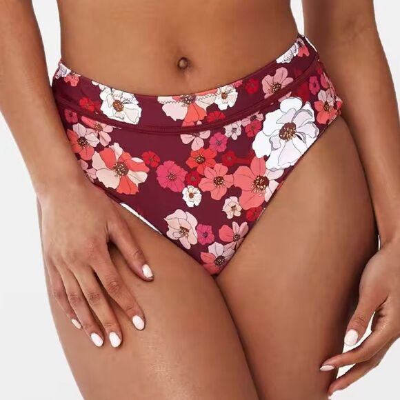 NWT Cupshe Paige Floral Mid Waisted Bikini Bottom burgundy white high cut sz xxl - Picture 1 of 8